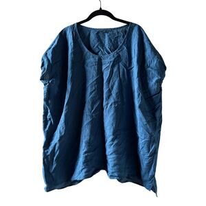 Vlas Blomme Oversized Boxy Linen Tunic Top in Blue Free Size One Size Fits Most